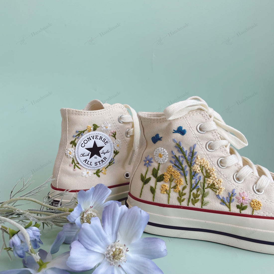 Blue Yellow Flower And Butterfly Embroidered Converse High Top