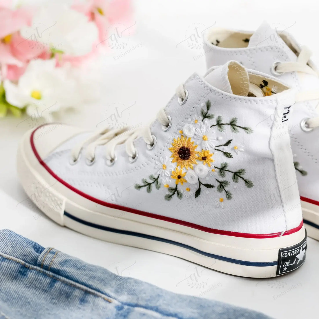 Custom Converse Daisy & Sunflowers Wedding Shoes Bride Shoes Hand-Embroidered Shoes High Top