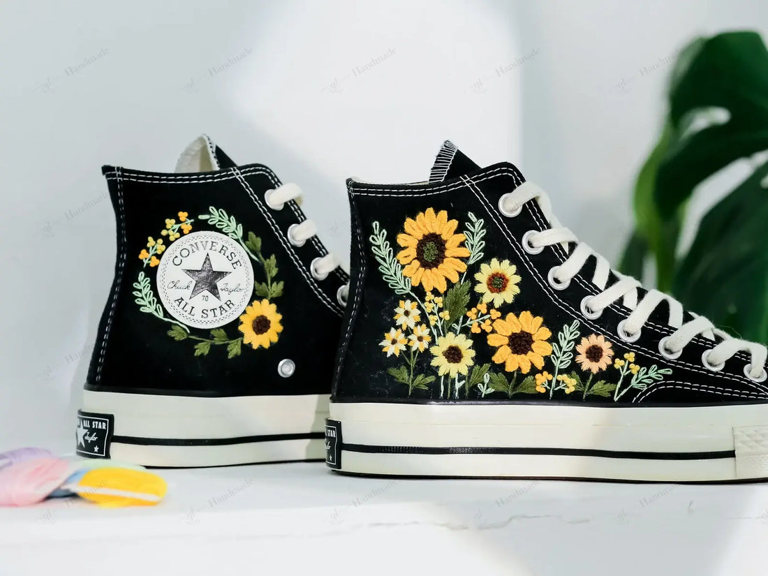 3D Sunflowers Wedding Shoes Hand-Embroidered Shoes High Top