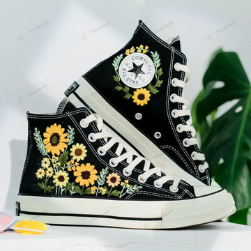 3D Sunflowers Wedding Shoes Hand-Embroidered Shoes High Top