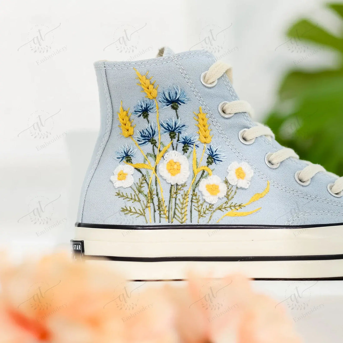 3D WildFlowers Yellow & White Flowers Wedding Shoes Hand-Embroidered Shoes High Top