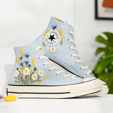 3D WildFlowers Yellow & White Flowers Wedding Shoes Hand-Embroidered Shoes High Top