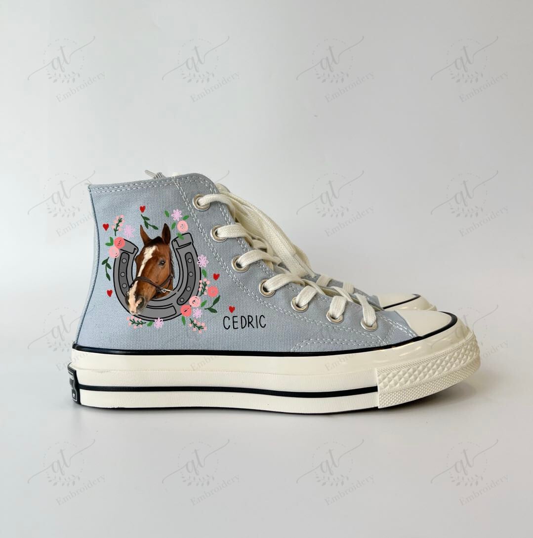 1 - 2 Horses With Flowers Embroidered & Painted Horseshoes High Top Converse