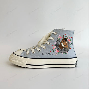 1 - 2 Horses With Flowers Embroidered & Painted Horseshoes High Top Converse