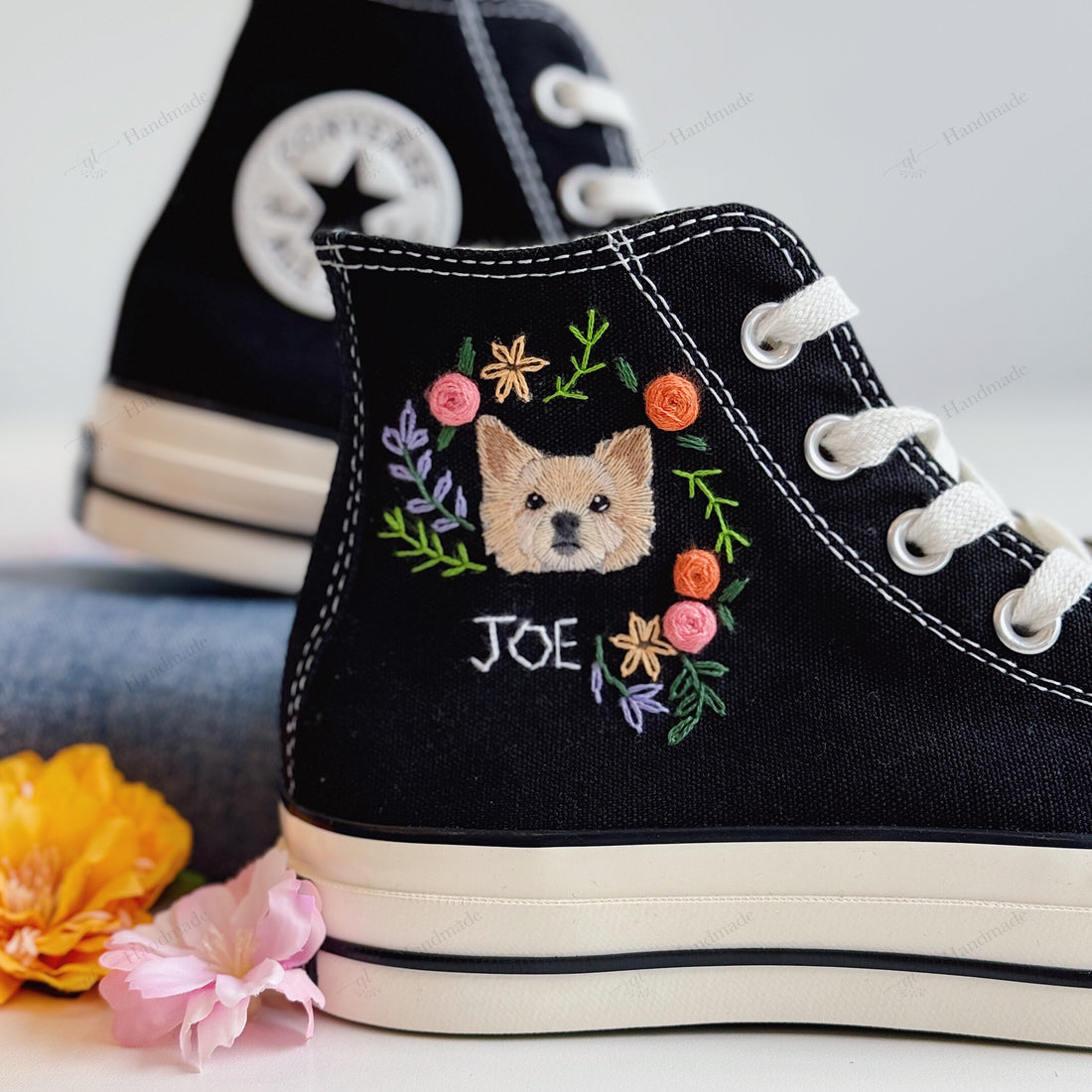 1 or 2 Pets Portraits With Name Flowers Embroidery High Top Converse