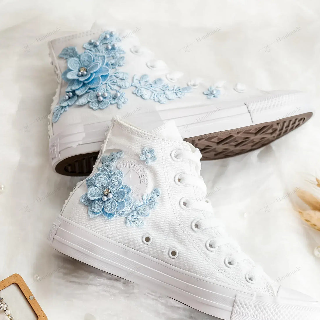 Baby Blue 3D Flowers Wedding Shoes Hand-Embroidered Shoes High Top