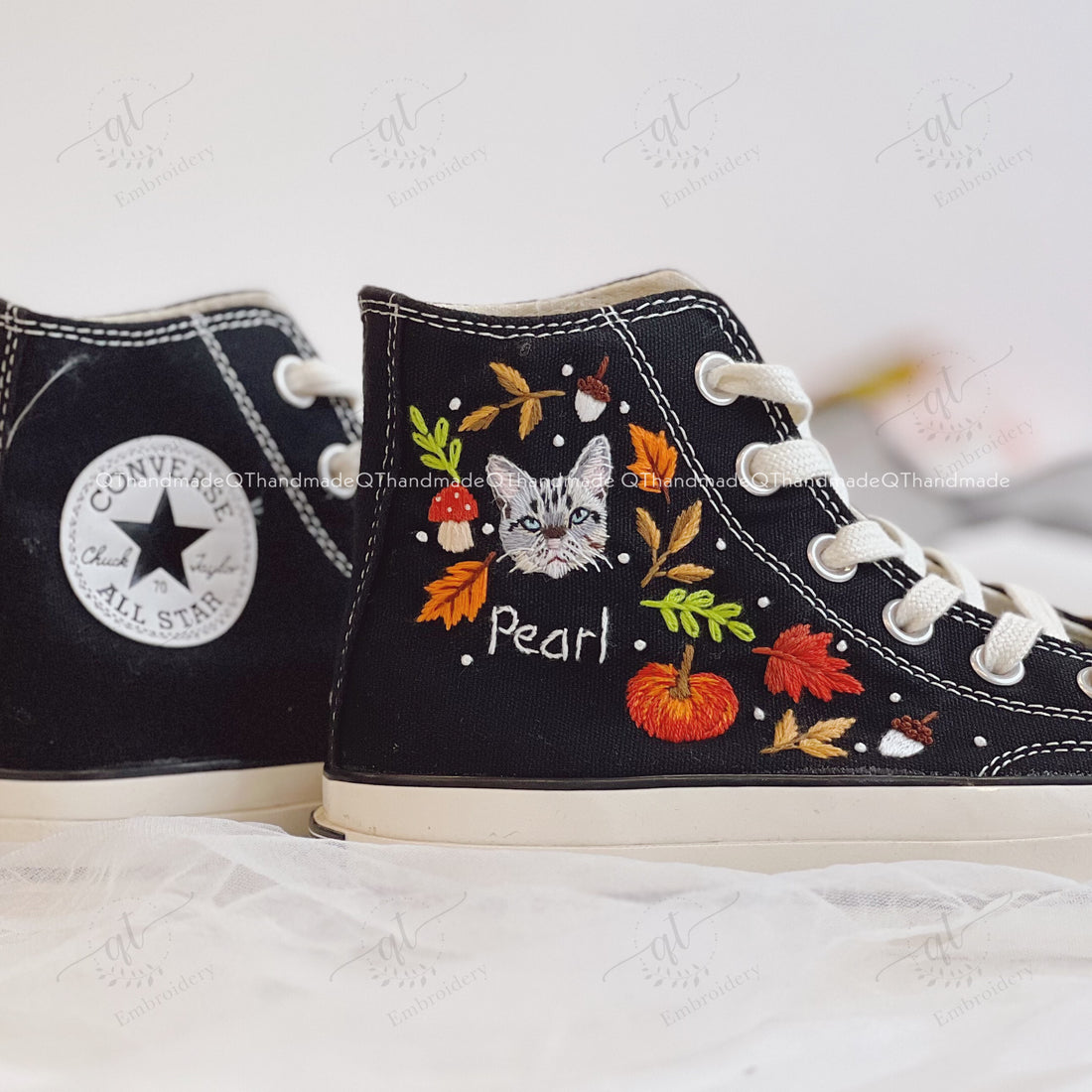 1 or 2 Cats in Fall Pumpkin Vibe Embroidery High Top Converse