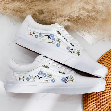 Dusty Blue Flowers Wedding Flowers Hand-Embroidered White Vans Low Top