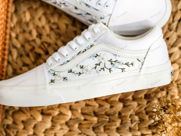 Light Blue & White Flowers Wedding Flowers Hand-Embroidered White Vans Low Top