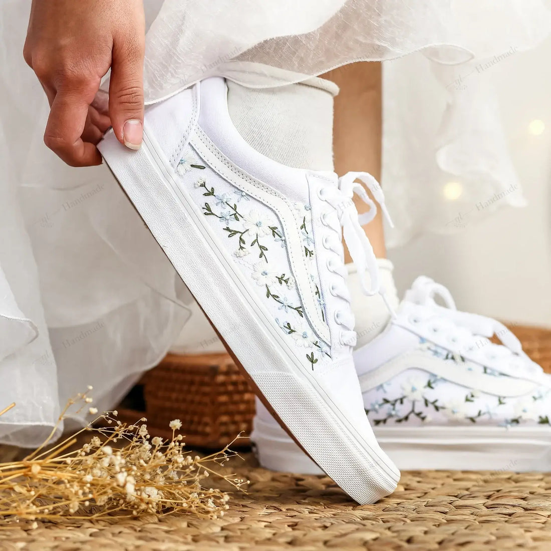 Light Blue & White Flowers Wedding Flowers Hand-Embroidered White Vans Low Top