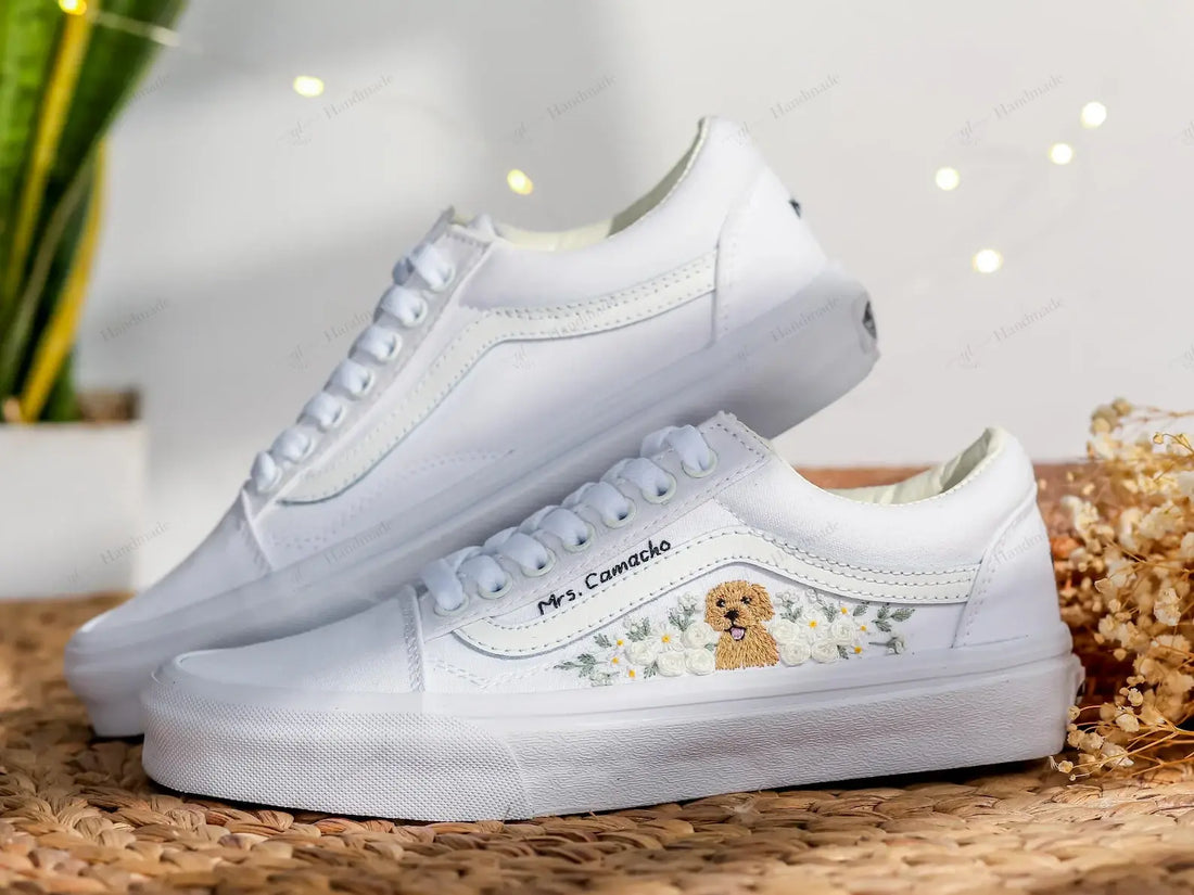 1 or 2 Pets Portrait With White Roses Embroidery Vans Low Top
