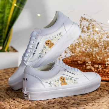 1 or 2 Pets Portrait With White Roses Embroidery Vans Low Top
