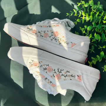 Cherry Blossoms Wedding Sneaker Hand-Embroidered White Vans Low Top Bride Shoes