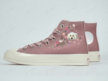 1 or 2 Dog Portrait And Lavender Flowers Embroidery Converse High Top