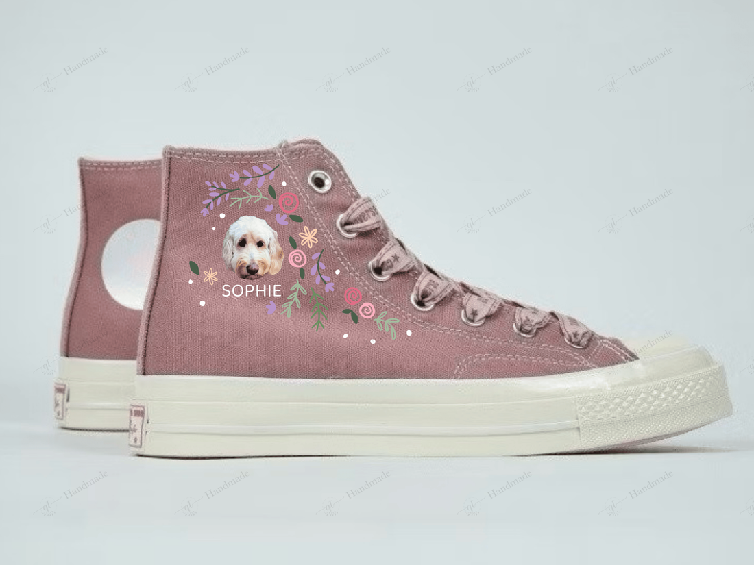 1 or 2 Dog Portrait And Lavender Flowers Embroidery Converse High Top