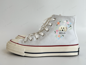 1 or 2 Dog Portrait And Lavender Flowers Embroidery Converse High Top