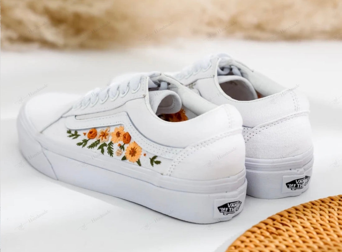 Bright Orange Wildflowers Colorful Flowers Wedding Flowers Embroidery Vans Low Top