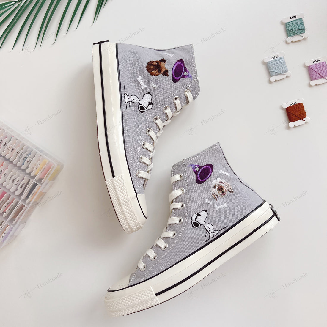1 or 2 Dog Portrait And Snoopy Embroidery Converse High Top