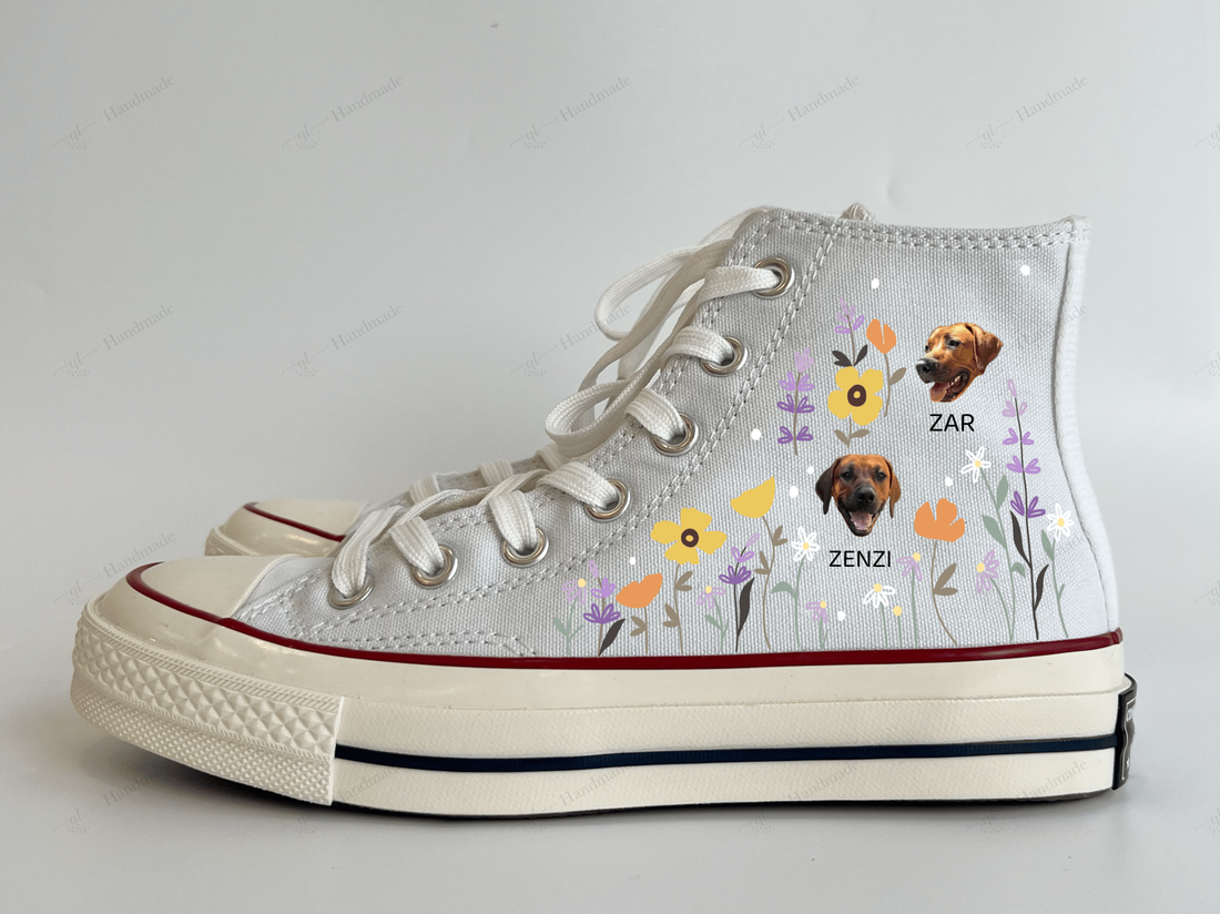 Custom 2 or 4 Pets in Blooms Poppy Lupine Flowers Embroidery High Top Converse