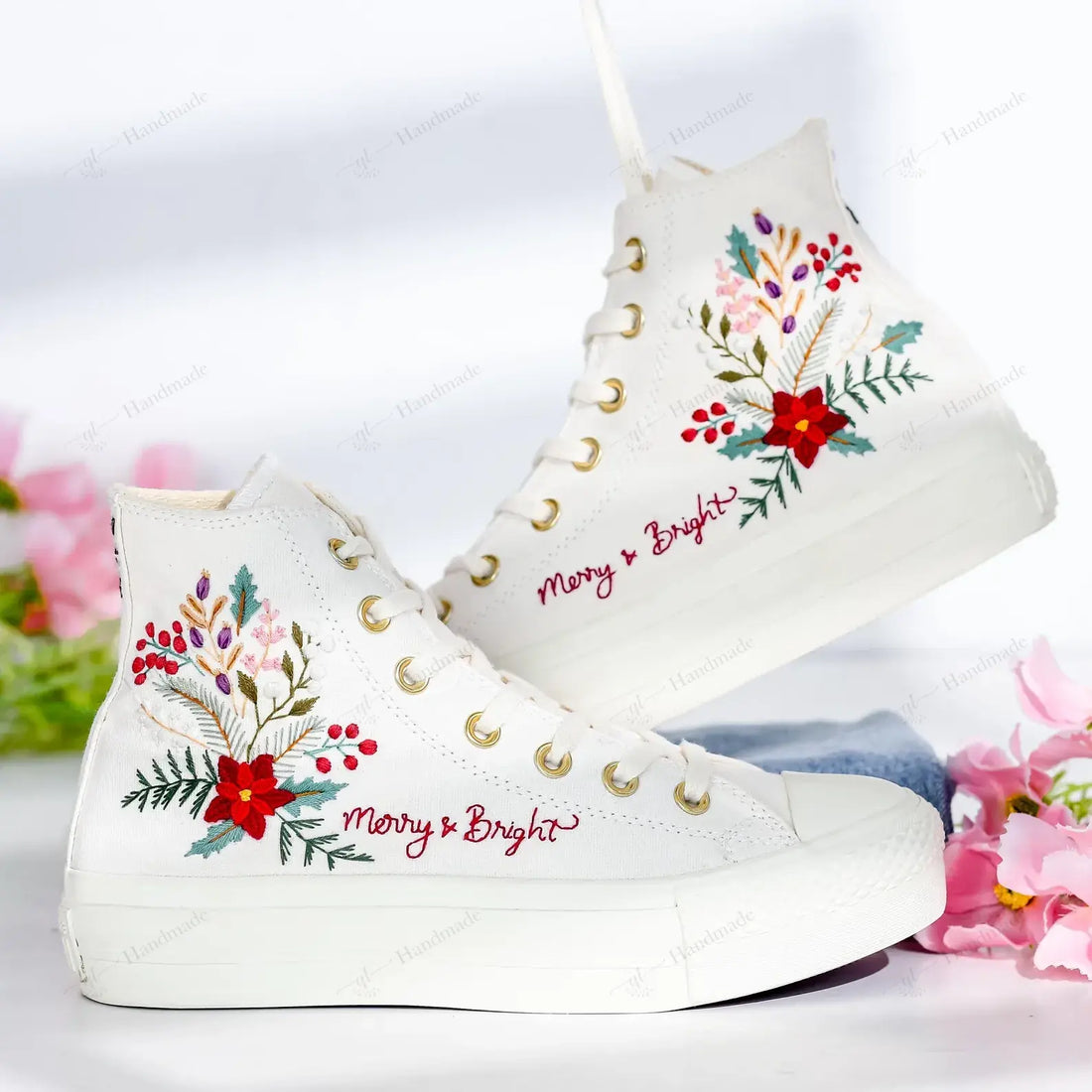 Custom Poinsettia Christmas Flowers & Holly Xmas Gift Embroidery Converse Chuck Taylor High Top