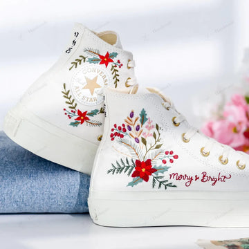 Custom Poinsettia Christmas Flowers & Holly Xmas Gift Embroidery Converse Chuck Taylor High Top