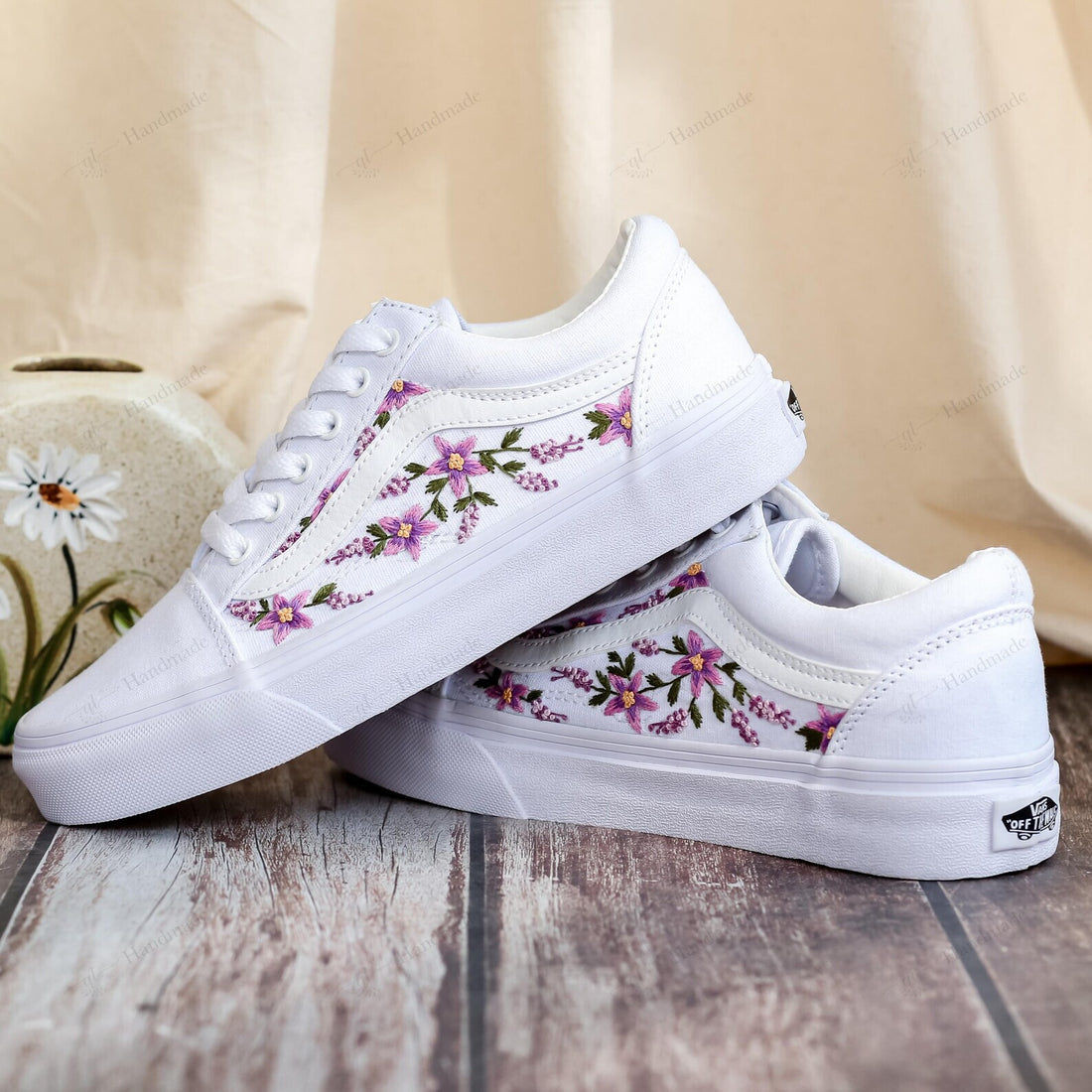 Purple Tone Wildflowers Flowers Wedding Flowers Embroidery Vans Low Top