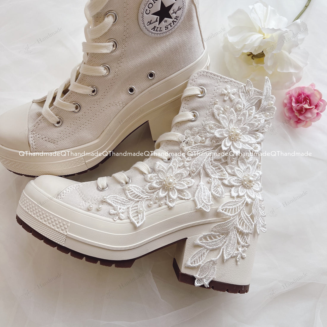 3D Flowers Wedding All White Beaded Flowers Embroidery Converse High Heel