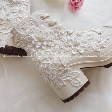 3D Flowers Wedding All White Beaded Flowers Embroidery Converse High Heel