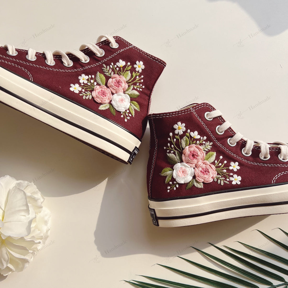3D Rose Bouquet Flowers Embroidery Dusty Pink White Roses Wedding Converse Chuck Taylor High Top