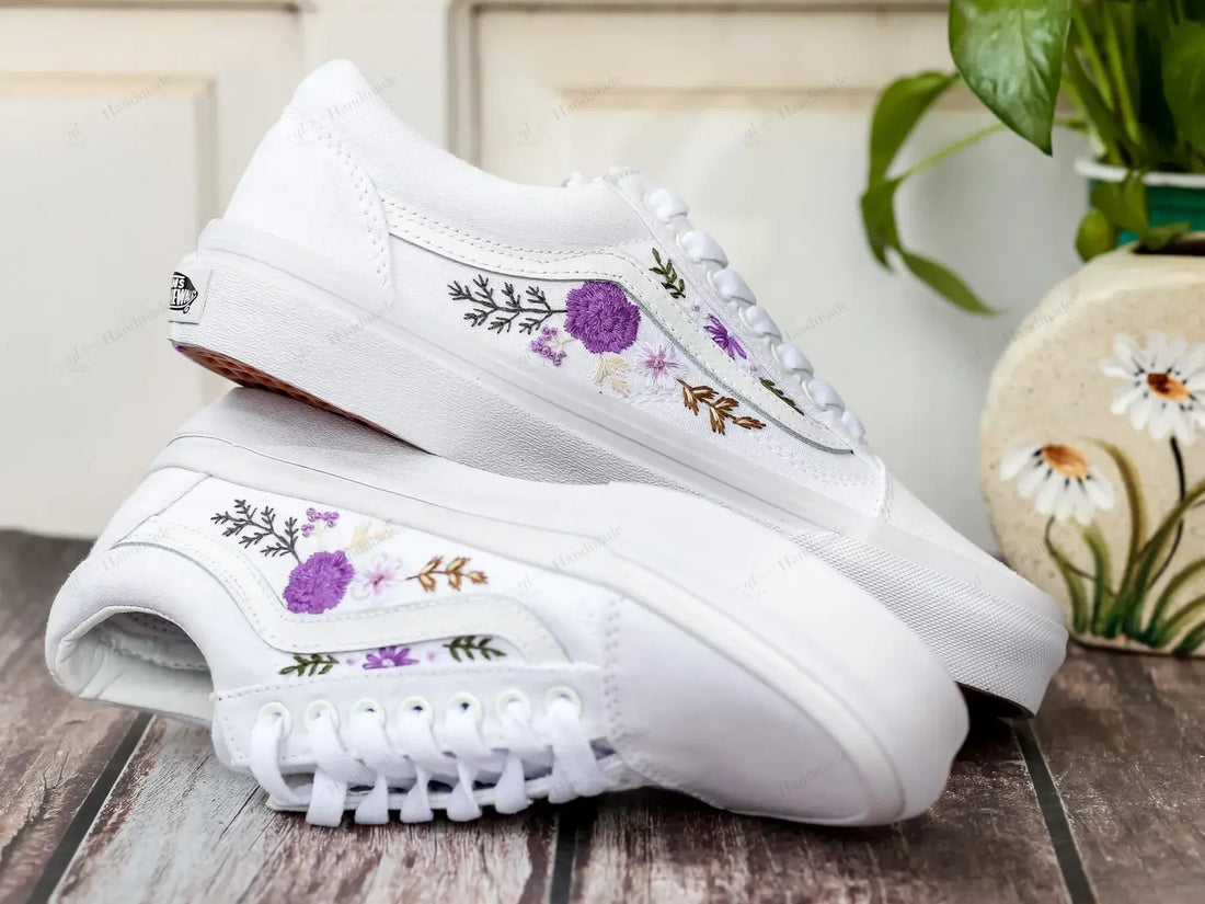 Lilac Purple Flowers Wedding Flowers Bridal Vans Embroidery Vans Low Top