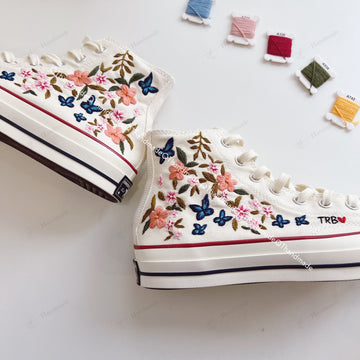 Butterfly and Cherry Blossoms Flowers Shoes Hand-Embroidered Shoes High Top