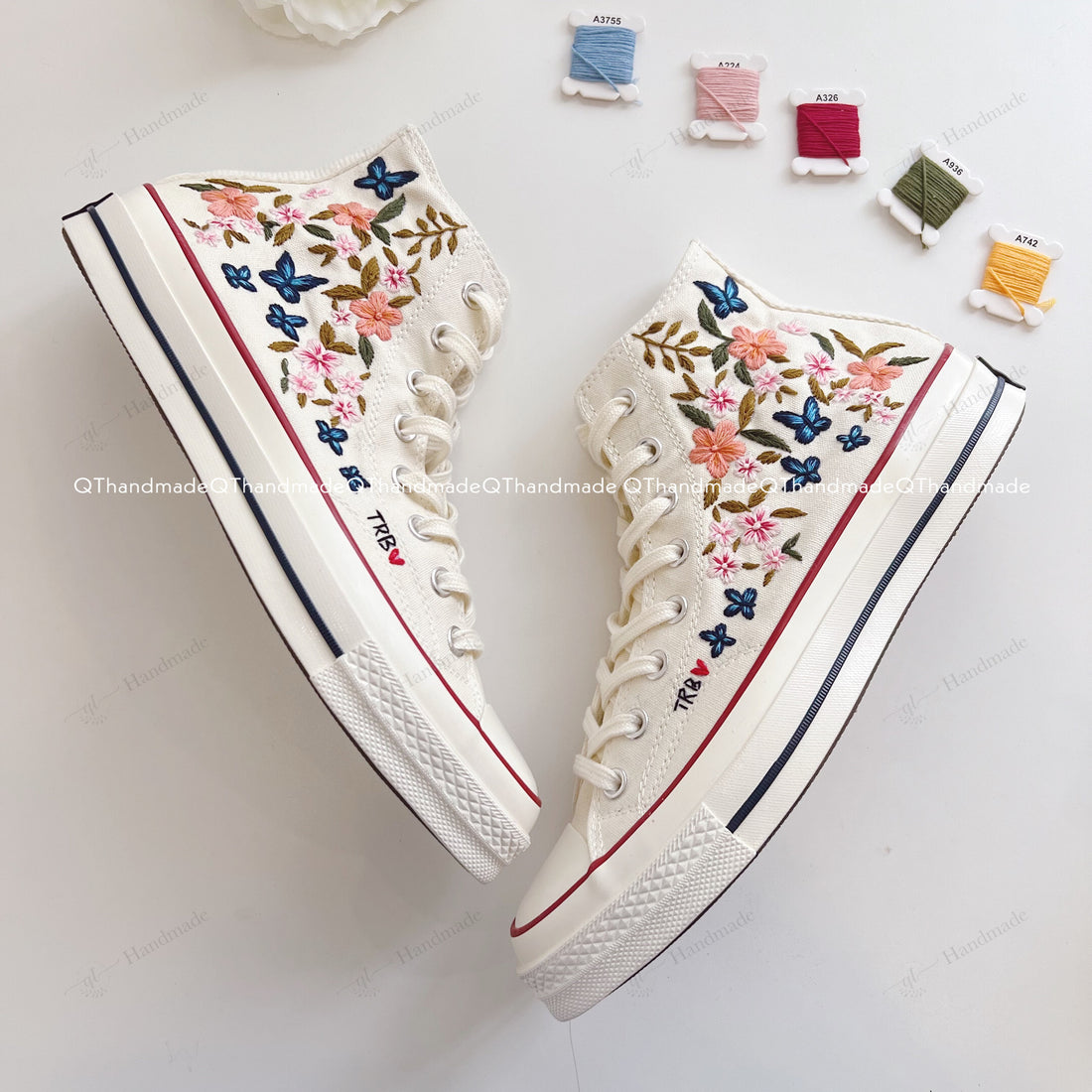 Butterfly and Cherry Blossoms Flowers Shoes Hand-Embroidered Shoes High Top