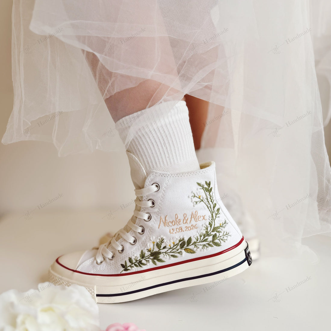 Greenery Green & White Flowers Embroidery Natural Wedding Converse Chuck Taylor High Top