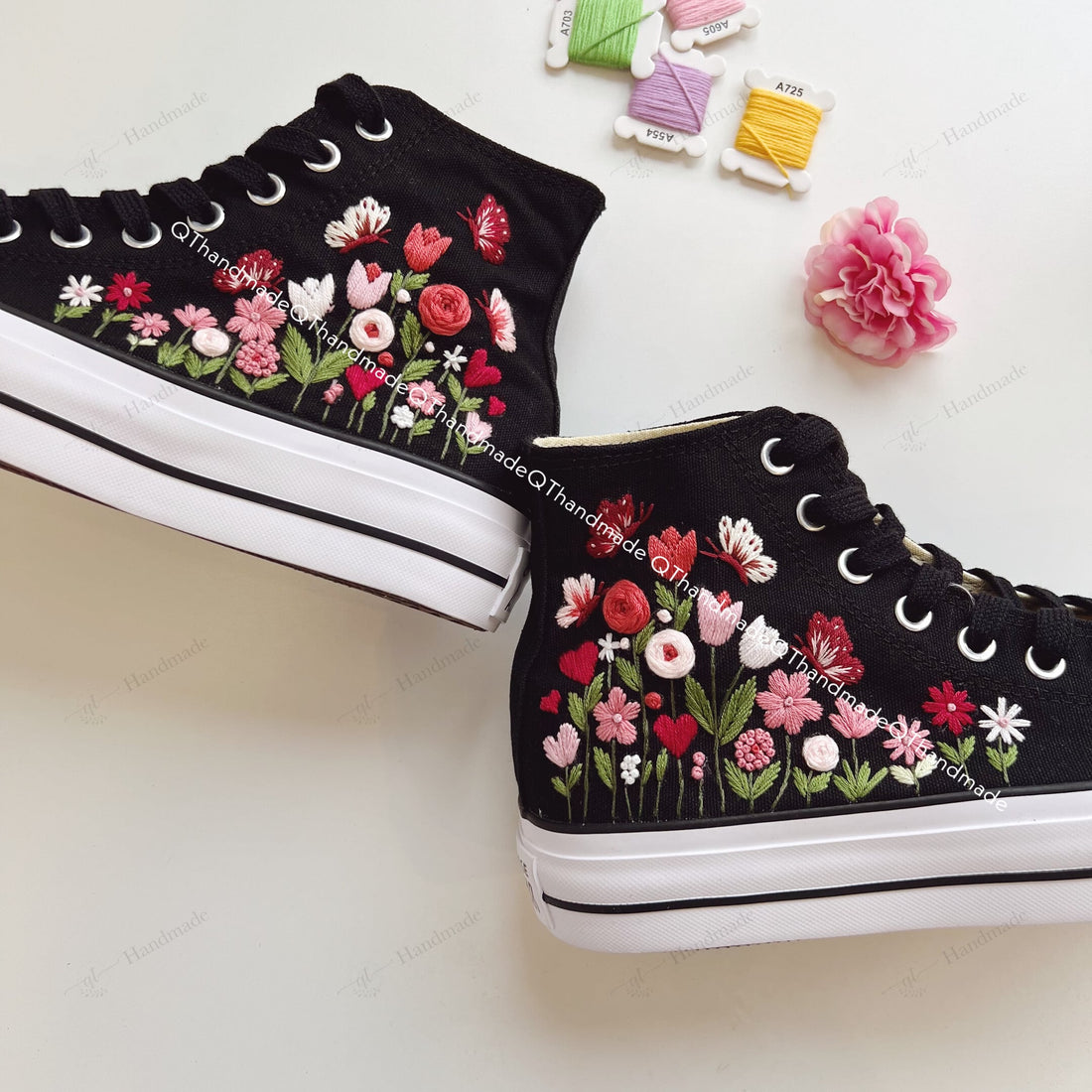 Rose in Garden Flowers Shoes Hand-Embroidered Shoes High Top